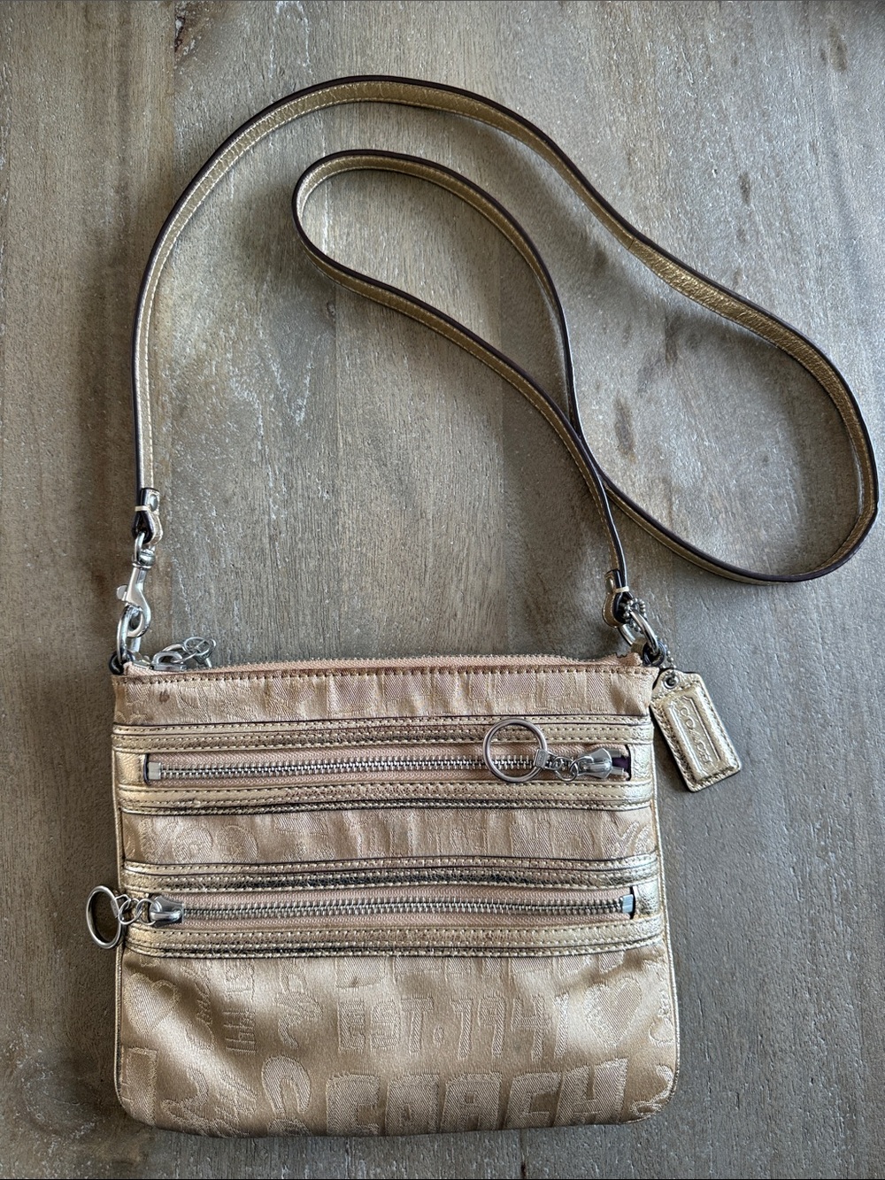 Coach Metallic Champagne Crossbody with Dual Front Zips
